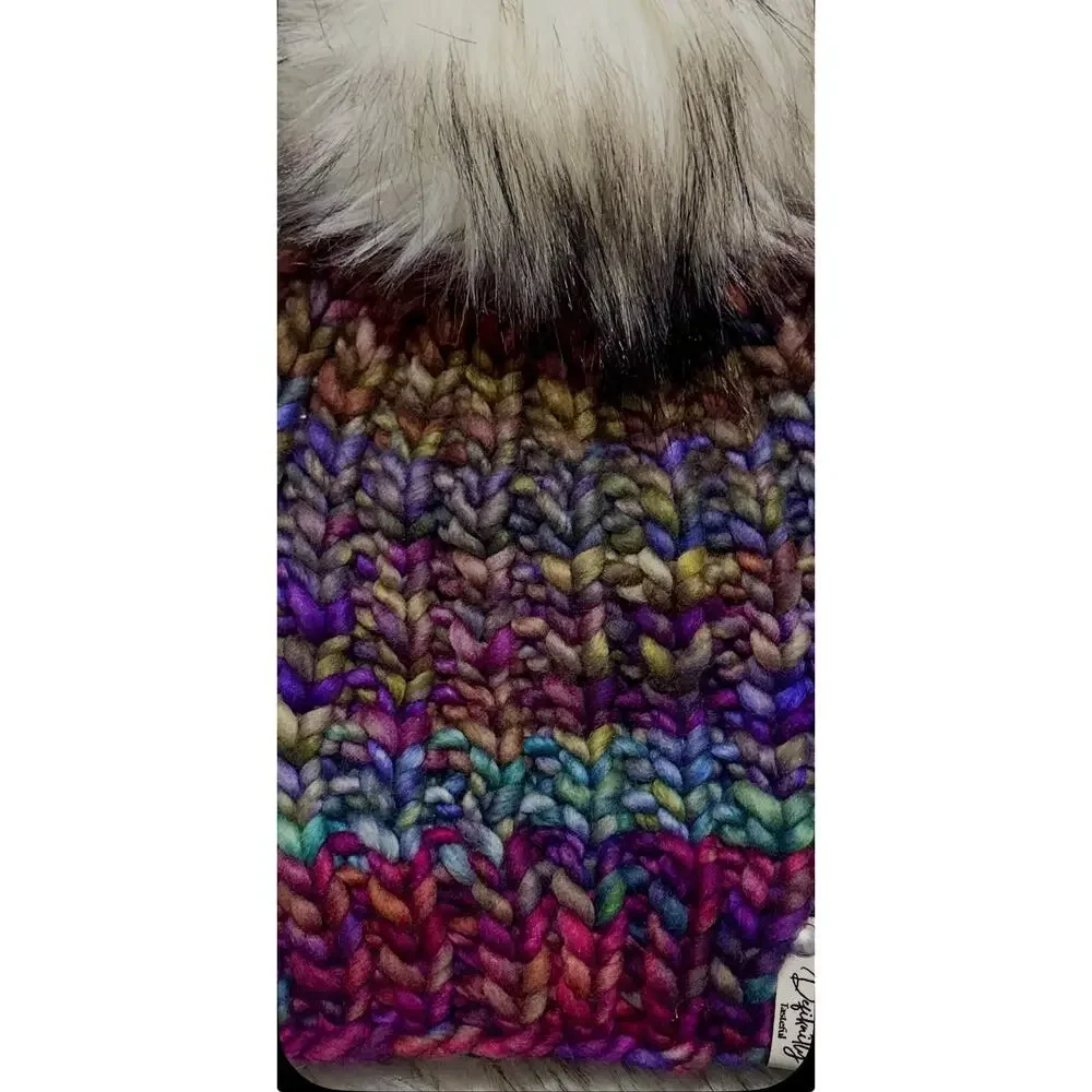 Hand Knit Scrappy Merino Wool Beanie: DefiKnitly Tasteful Knit Hat with Faux Fur